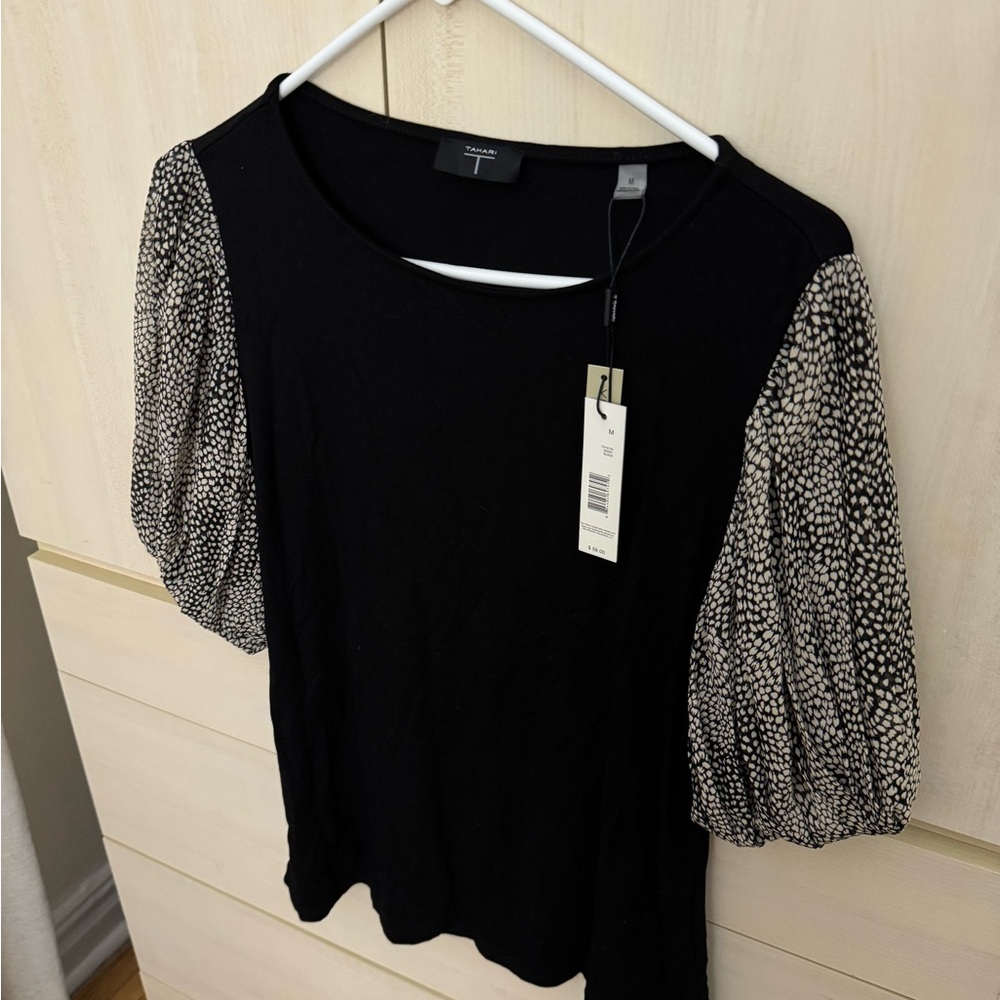 Tahari Black Blouse with Patterned Sleeves